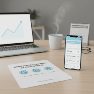 afbeelding over zorgverzekering 2026 en fysiotherapie op een bureau met laptop, smartphone, kalender van november 2025 en een kop dampende koffie.