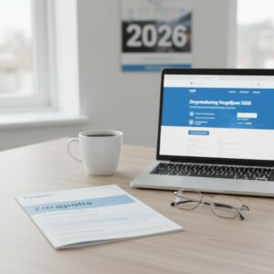 Laptop met website over zorgverzekering 2026, zorgpolis, bril en koffiekop op bureau bij daglicht.