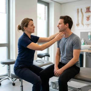 Fysiotherapeut bespreekt nekklachten met patiënt in behandelkamer