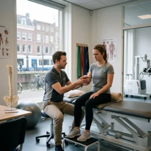 Fysiotherapeut onderzoekt hand van patiënt in fysiotherapiepraktijk