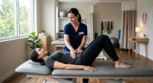 Fysiotherapeut begeleidt patiënt bij bekkenbodemoefeningen voor incontinentie