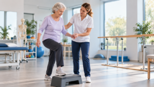 gepensioneerde vrouw doet oefentherapie
