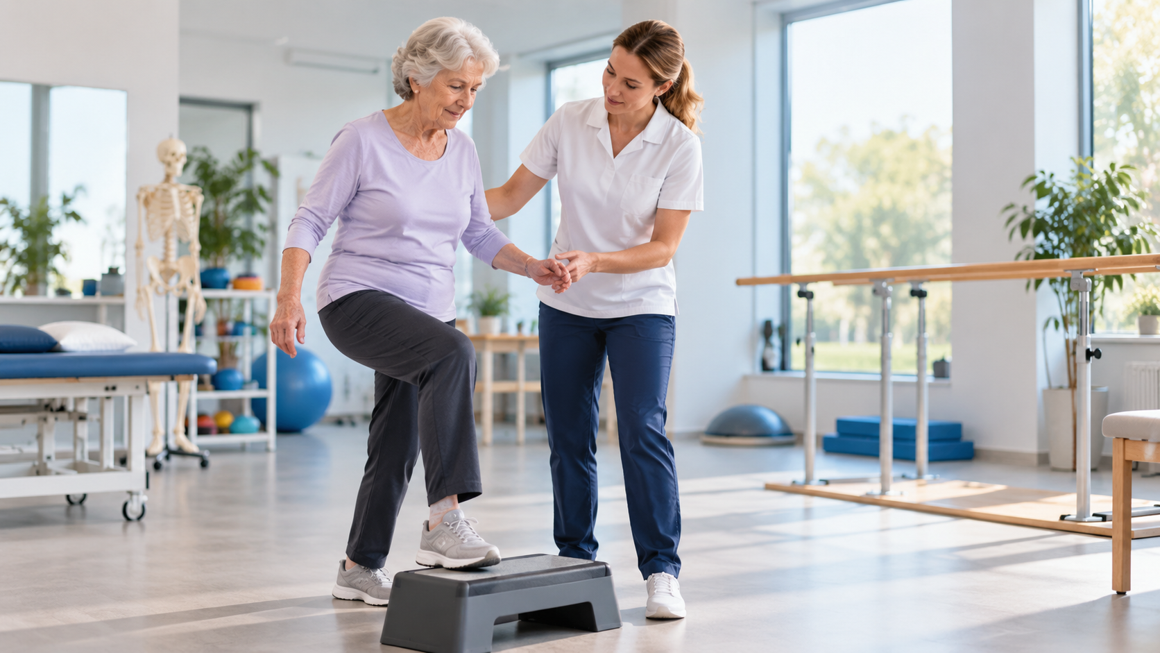gepensioneerde vrouw doet oefentherapie